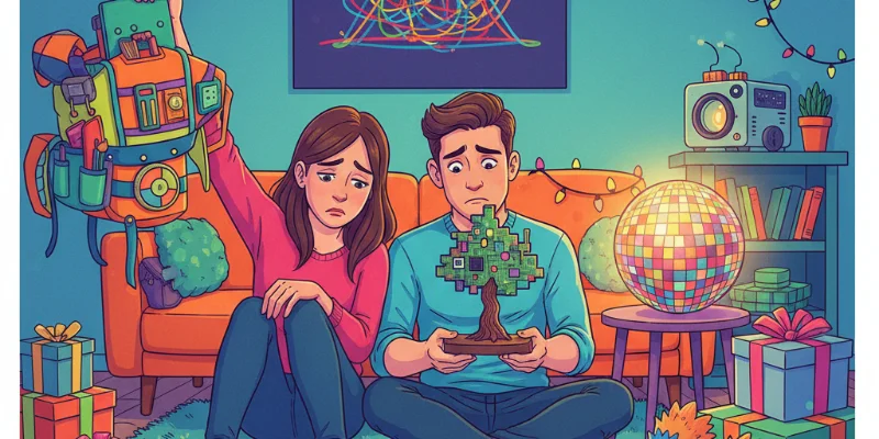 プレゼントにがっかりしている表情のカップルと、使い道のないプレゼントが置かれた部屋の様子。