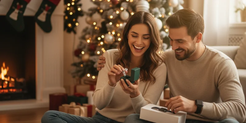 幸せそうなカップルがクリスマスプレゼントを開封している様子。笑顔と温かい雰囲気を強調。