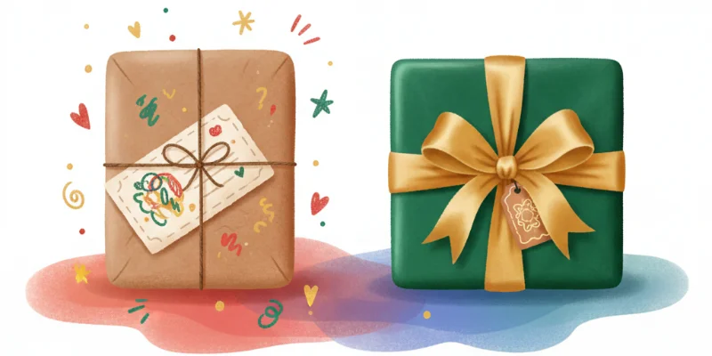 手書きのメッセージカードが添えられたプレゼントと、上品なラッピングが施されたプレゼントのイラスト。それぞれのイラストは、温かみのあるタッチで描かれている。