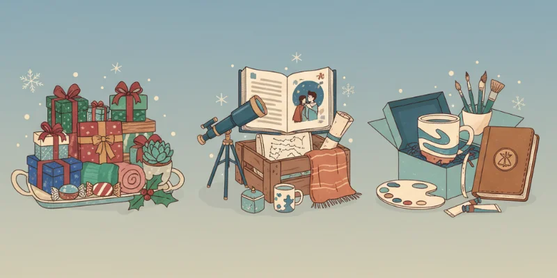 3つの異なるギフトセットのイラスト。一つ目は複数のプチギフトを組み合わせたもの、二つ目はストーリーのあるギフトセット、三つ目はオーダーメイドのギフト。