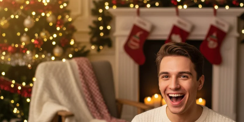 プレゼントを受け取った人物が満面の笑みを浮かべている写真。背景はクリスマスの飾り付けがされている暖かな室内。