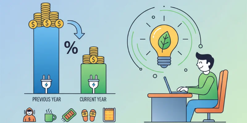 前年と今年の電気代を比較したグラフで、大幅な節約効果が視覚的にわかるイラスト。