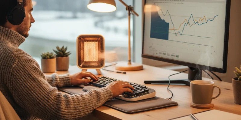 暖かく快適なデスク環境で作業に集中している様子。デスク上には紹介されたアイテムが配置されている。