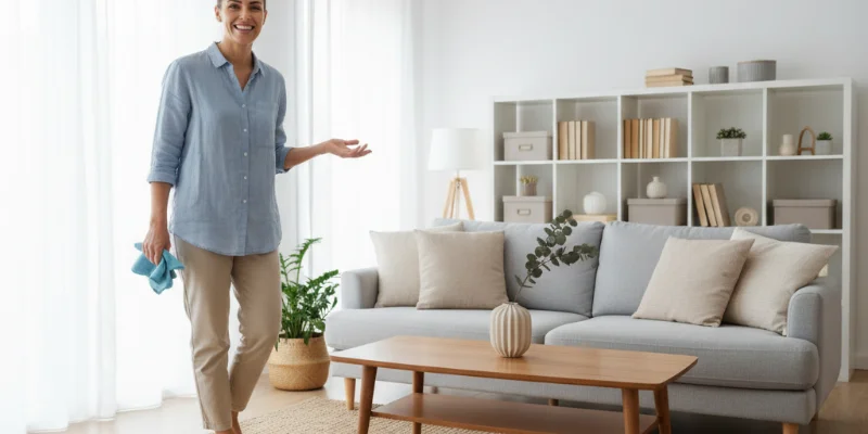 掃除が完了した後の、清潔で明るい部屋と、達成感に満ちた笑顔の人物。