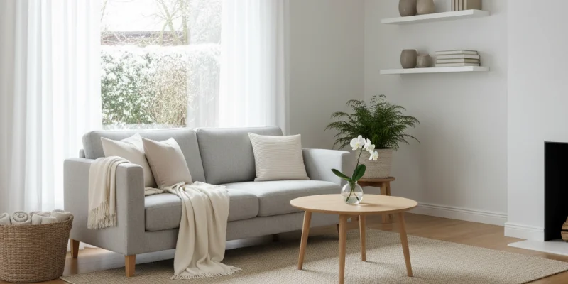 清潔で明るい、整理整頓された部屋の全体像。開放的で気持ちの良い空間を表現。