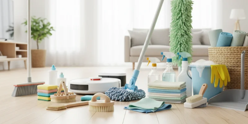 大掃除に必要な掃除用具が綺麗に並べられた様子と、タイマーが写っている写真。