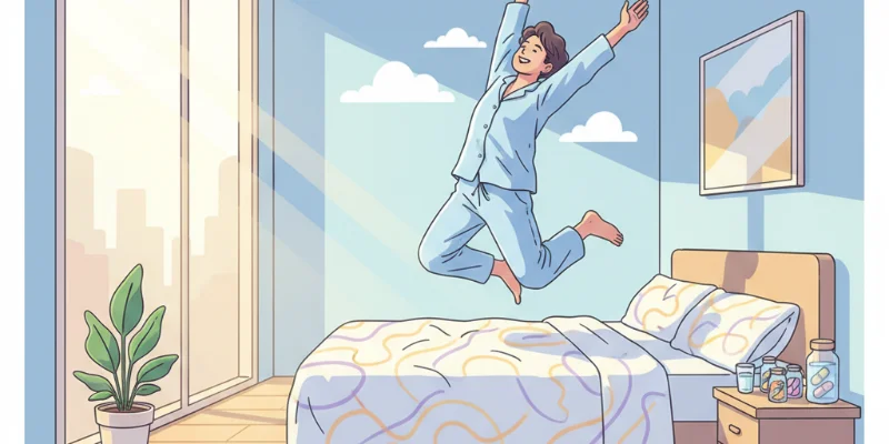 布団から軽快に起き上がって、爽やかな表情でストレッチをしている人物のイラスト。