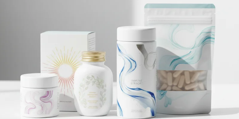 清潔感のある白を基調としたパッケージに入ったサプリメントの集合写真。各ボトルやパウチのデザインがわかるように配置。