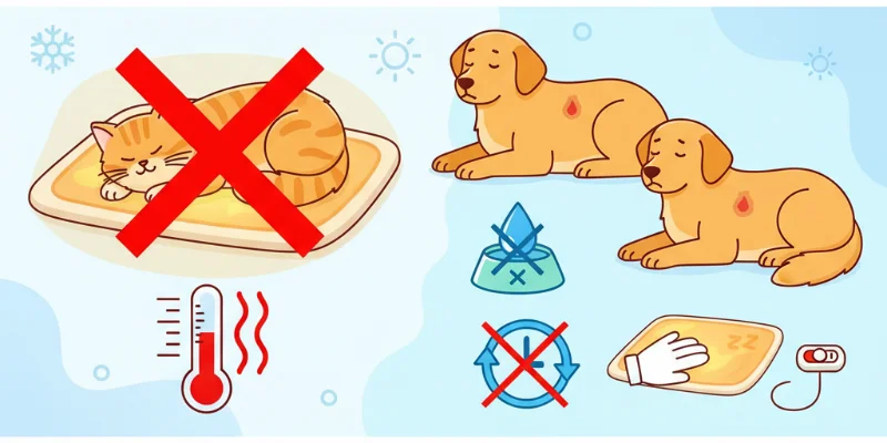 ペットがホットカーペットを使用する際の注意点（低温やけどのリスク）を分かりやすく説明するイラスト。