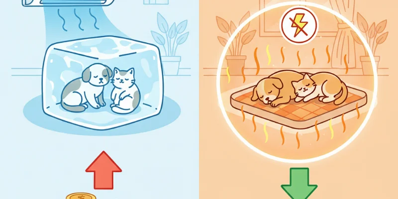 ホットカーペットとエアコンを比較し、電気代の節約効果を視覚的に表現したイラスト。