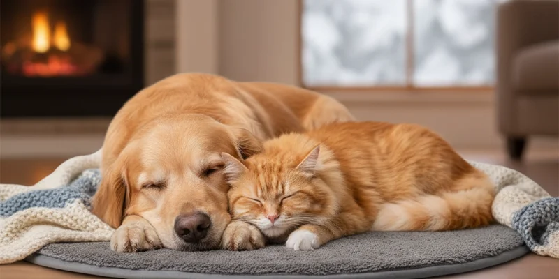 愛犬と愛猫がホットカーペットの上でリラックスして寝ている様子。幸せそうな表情がわかる写真。