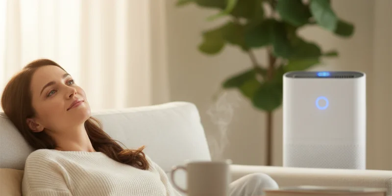 すっきりとした表情で、リラックスしている様子を写した写真。背景に空気清浄機がさりげなく写っている。