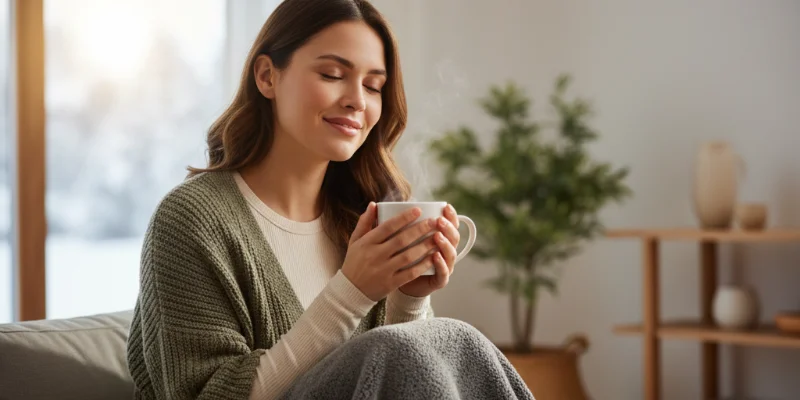 リビングに干された洗濯物と、やわらかい肌触りのタオル。乾燥した冬の室内で湿度を上げ、静電気を抑える工夫の様子。