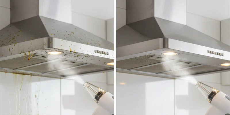 換気扇や浴室のレール、サッシの溝など、汚れが溜まりやすい箇所の掃除に便利なスチームクリーナー。油汚れや黒ずみ、カルキ汚れを簡単に落とす様子。