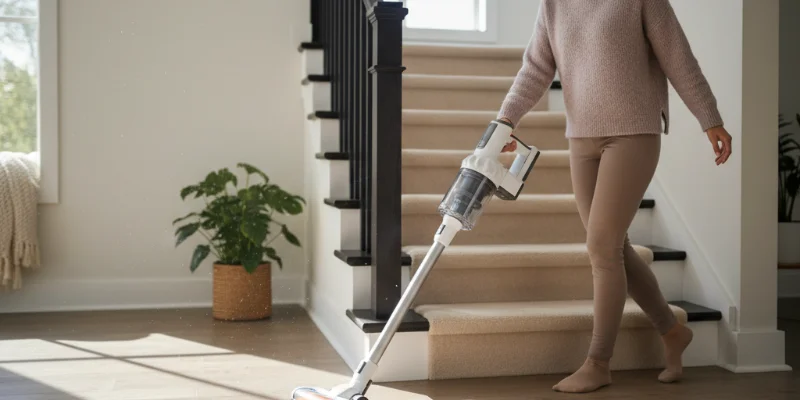 階段を掃除する様子を写した写真。軽々と掃除機をかけている様子がわかるようにする。