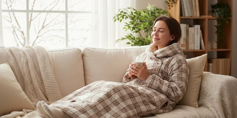 暖かく快適そうな服装でリラックスしている人物が、着るこたつを着用している様子。笑顔で穏やかな表情をしている。