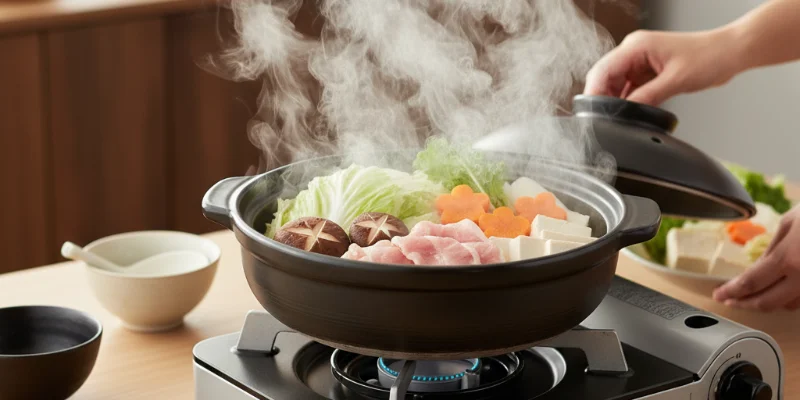 低温調理された、しっとりジューシーな鶏むね肉と野菜の鍋料理。鍋に入れる前に肉を低温でじっくり加熱することで、パサパサにならず、美味しく仕上がります。