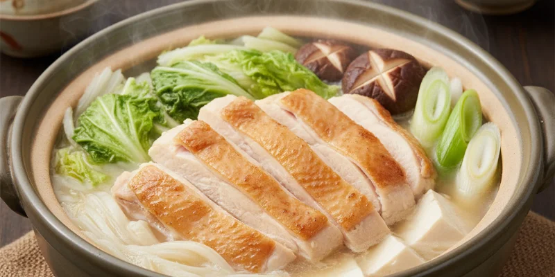 しっとりとした鶏むね肉が鍋に盛られている様子。美味しそうな照りがある。