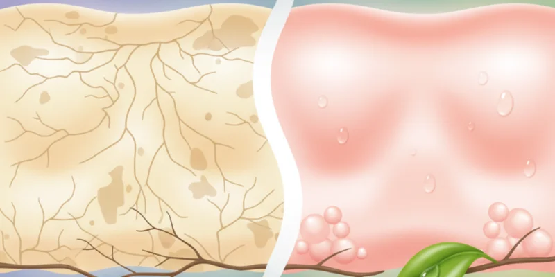 乾燥肌のための5つの聖杯アイテムのイラスト。高保湿導入美容液、化粧水、美容液などのスキンケア製品が描かれています。