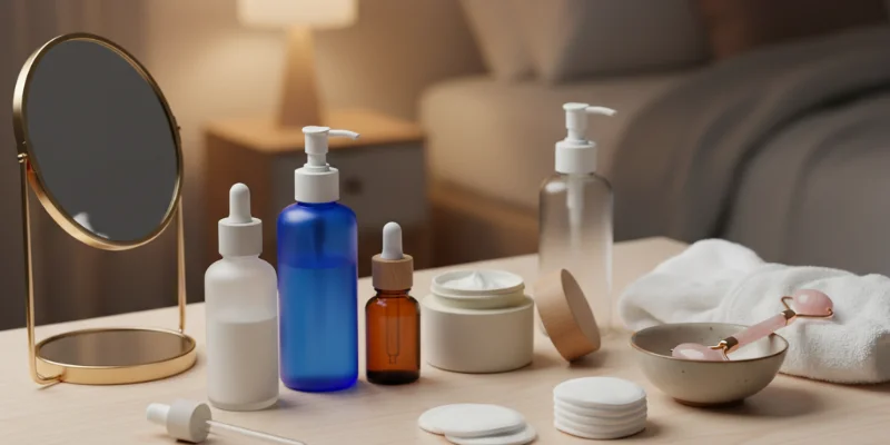 スキンケアアイテムが整然と並べられ、手鏡やコットンなども一緒に配置された写真。落ち着いた雰囲気で、リラックスした夜のケアを連想させる。