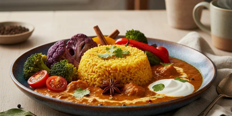 彩り豊かに盛り付けられたスパイスカレー。ターメリックライスと彩り野菜が添えられている。