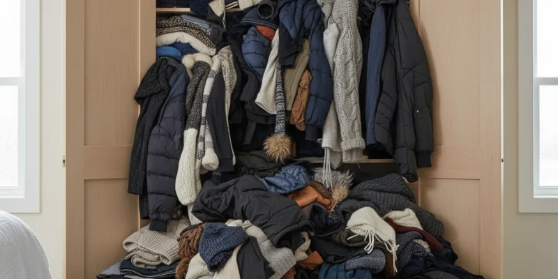 散らかったクローゼットの様子。服が積み重なり、扉を開けるのが困難そうな様子を写した写真。