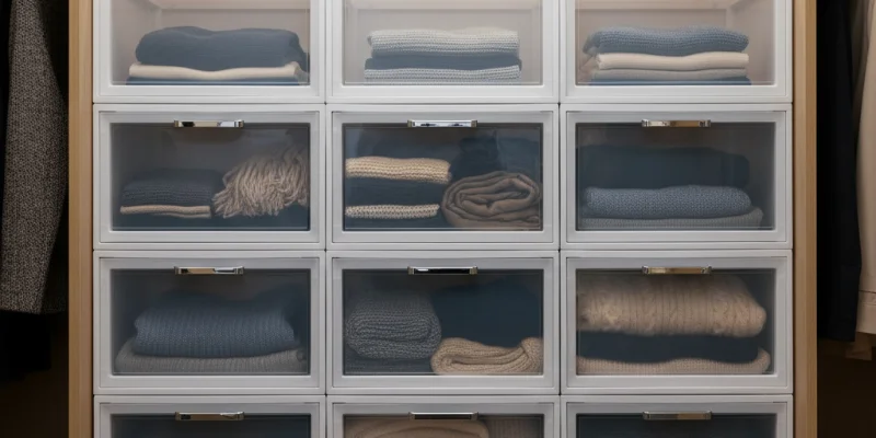 複数個積み重ねられた収納ケースが、長期間使用した後も綺麗な状態を保っている様子を写した写真。