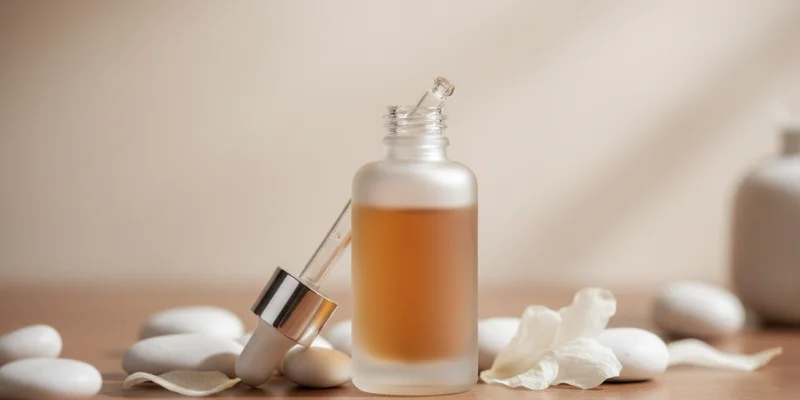 上品で落ち着いたデザインの美容液ボトル。スポイトキャップが写っている。