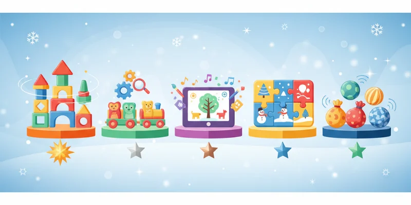 3歳の子供が、カラフルなブロックで動物や建物などを組み立て、楽しく遊んでいるイラスト