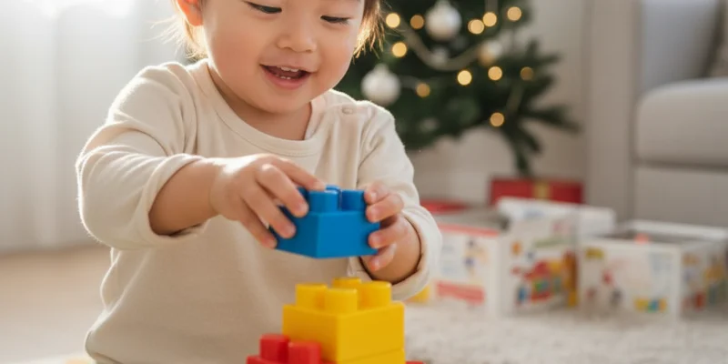 集中してブロック遊びに没頭する子供の様子。楽しそうな表情が写っている。