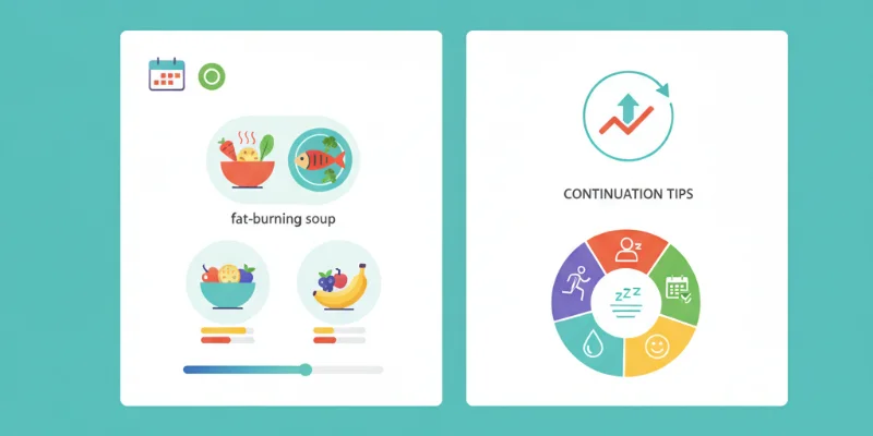 脂肪燃焼スープのイラスト。たくさんの野菜がたっぷり入った鍋と、野菜や果物、玄米などが添えられています。