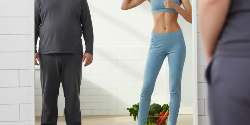 体重減少を実感した様子を表す写真。鏡に映る人物の体型変化を捉えたもの。