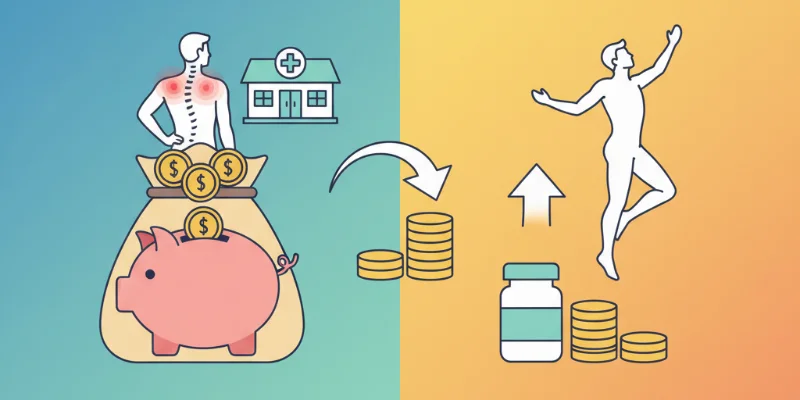 整体に通っていた費用とサプリメント代の比較をイラストで表現。サプリメント代の方が少ないことを視覚的に示す。