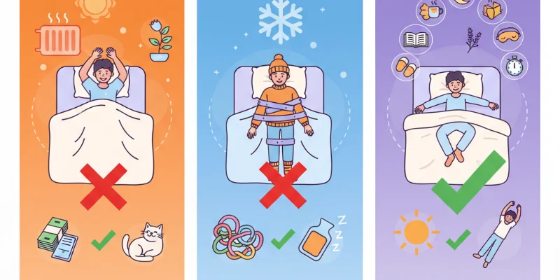 温かい布団とアイマスクでリラックスする様子を描いたイラスト。快適な睡眠環境を実現するための、電気毛布、加湿器、遮光カーテンの効果をイメージした図。