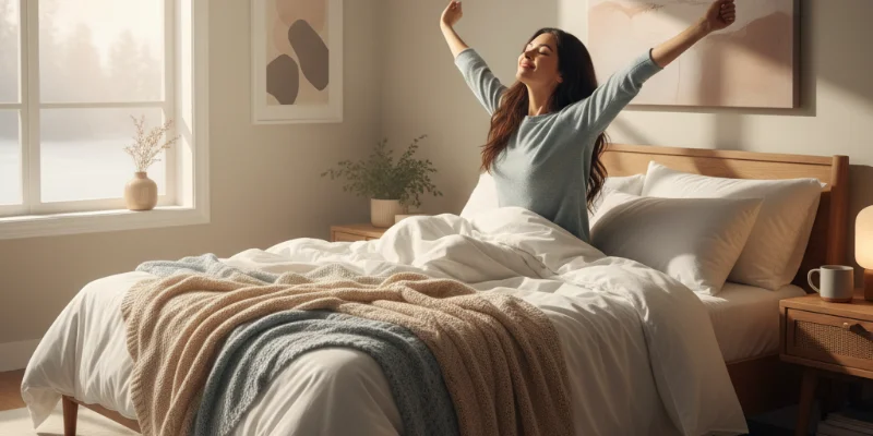 朝日に照らされた穏やかな寝室の様子、またはすっきりとした表情で目覚める人の写真