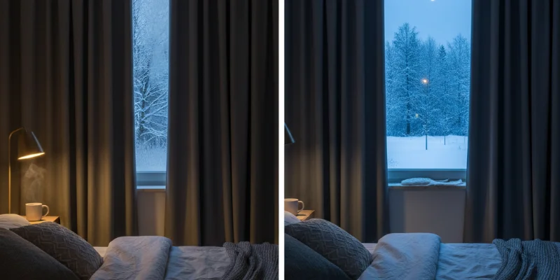 カーテンを閉めた寝室と窓の外の景色を比較した写真。室内の明るさや暖かさの違いがわかるようにする