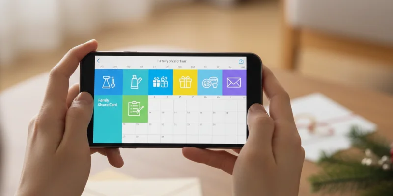 スマートフォンでカレンダーアプリを確認している様子。家族と共有しているカレンダー画面の一部が見える。