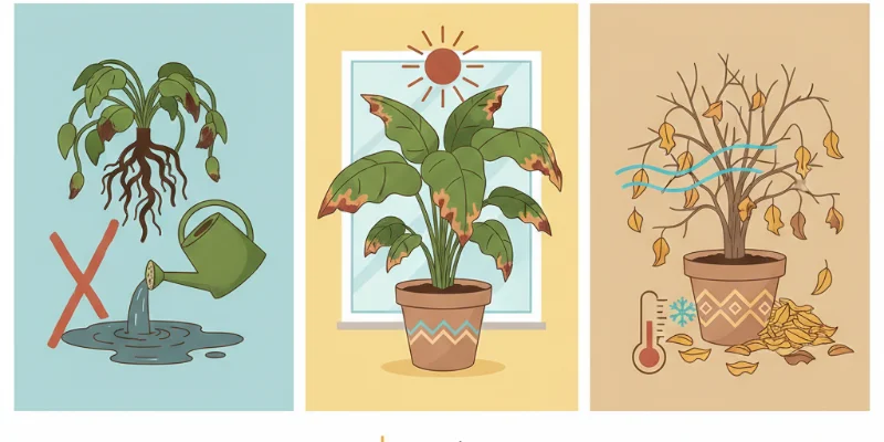 根腐れ、葉焼け、葉落ちといった失敗パターンとその原因をイラストで分かりやすく説明した図解。