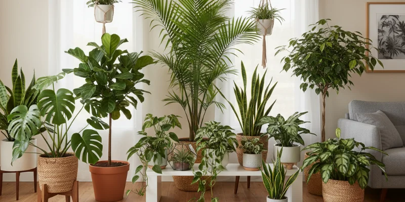 様々な種類の観葉植物が健康的に生育している様子を写した写真。様々な大きさや種類、配置の仕方が見て取れる。