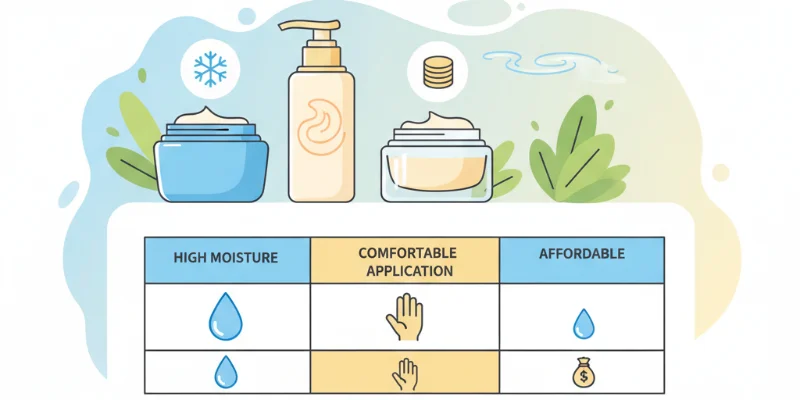 3つの異なる容器に入ったボディクリームと、それぞれのクリームの特性を表すアイコン（保湿力、使用感、価格帯など）を組み合わせたイラスト
