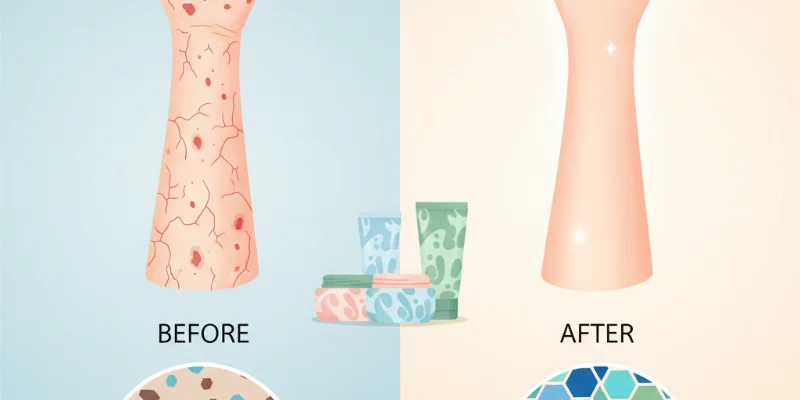 乾燥した肌のイラスト。ボディクリームを塗布する前の乾燥した肌と、塗布後のしっとりとした肌の比較図。