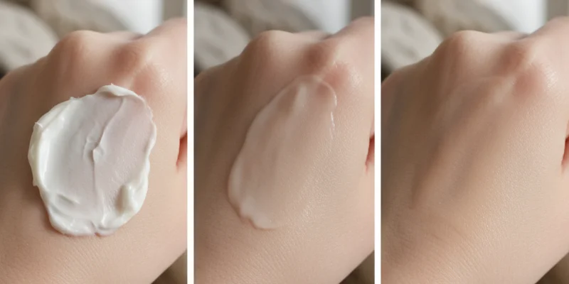 3つのボディクリームをそれぞれ塗布した手の写真。それぞれのクリームのテクスチャーの違いや、塗布後の肌の状態の違いがわかるように撮影された写真