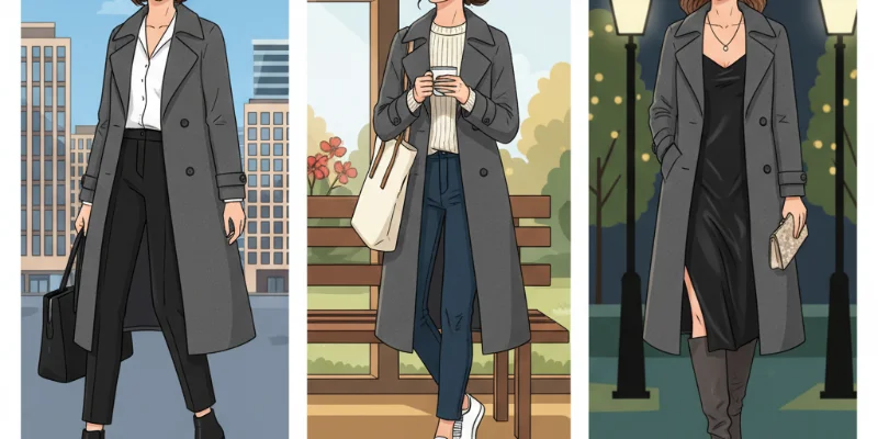 3つの異なるシーン（通勤、休日、お出かけ）で、同じコートを着こなした女性をイラストで表現。それぞれのシーンに合わせたコーディネートが分かるようにする。