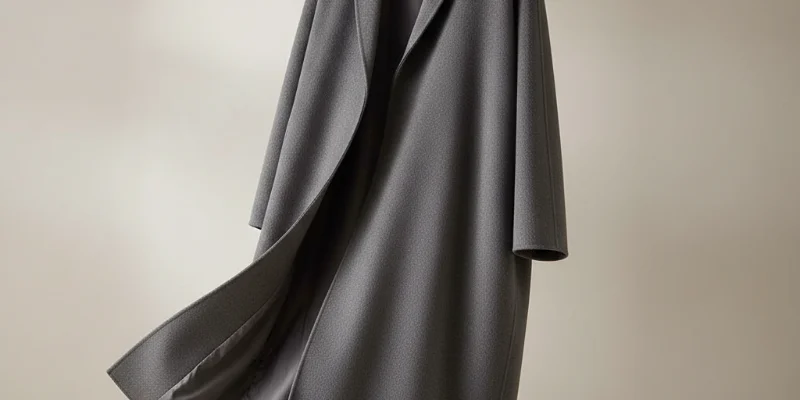 上品なチャコールグレーのコートがハンガーにかかっている様子。素材の滑らかさ、落ち感の美しさが伝わる写真。