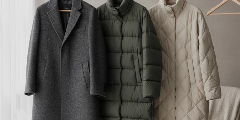 ウールコート、ダウンジャケット、キルティングコートの3種類のアウターを並べて写した写真。それぞれの素材感やシルエットの違いが分かるようにする。