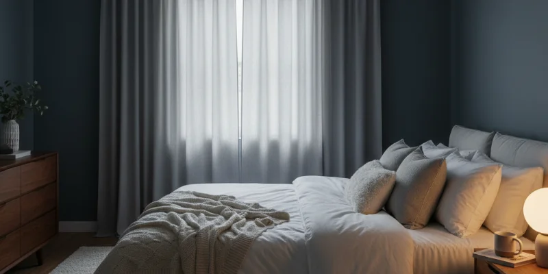 快適な寝室の様子。暗く静かで落ち着いた雰囲気の寝室。心地よさそうな寝具が整えられている様子。