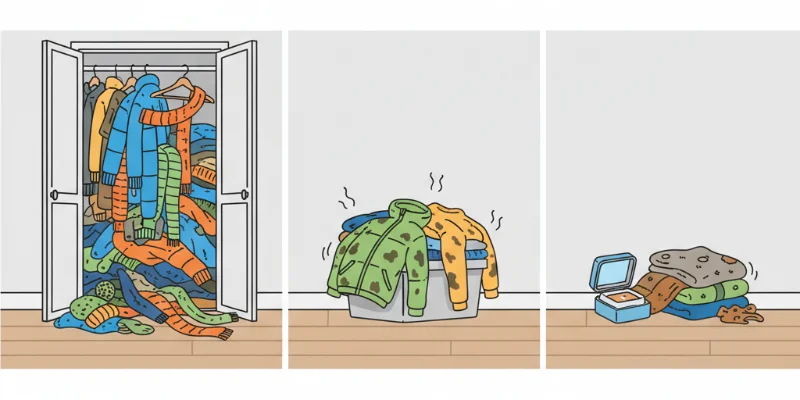 詰め込みすぎ、汚れたまま収納、防虫剤の期限切れといった失敗例をイラストで表現