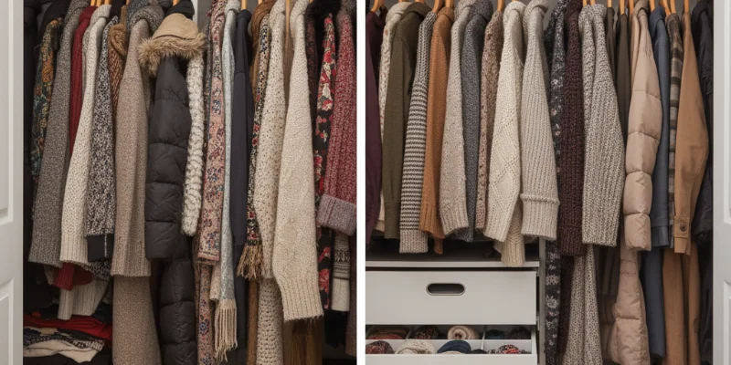収納術を実践する前後のクローゼットの写真を比較した写真。片付いた後のすっきりとしたクローゼットの様子を写す