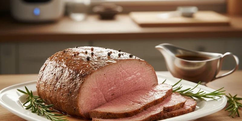 完璧なピンク色のローストビーフが皿に盛られている様子。美味しそうな光沢とジューシーさが伝わる写真。
