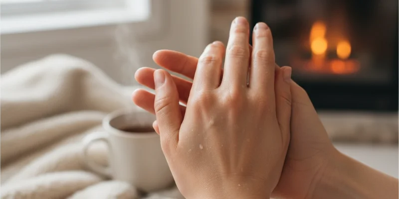 手肌をアップで撮影し、しっとりとした質感と健康的な色つやを表現する。